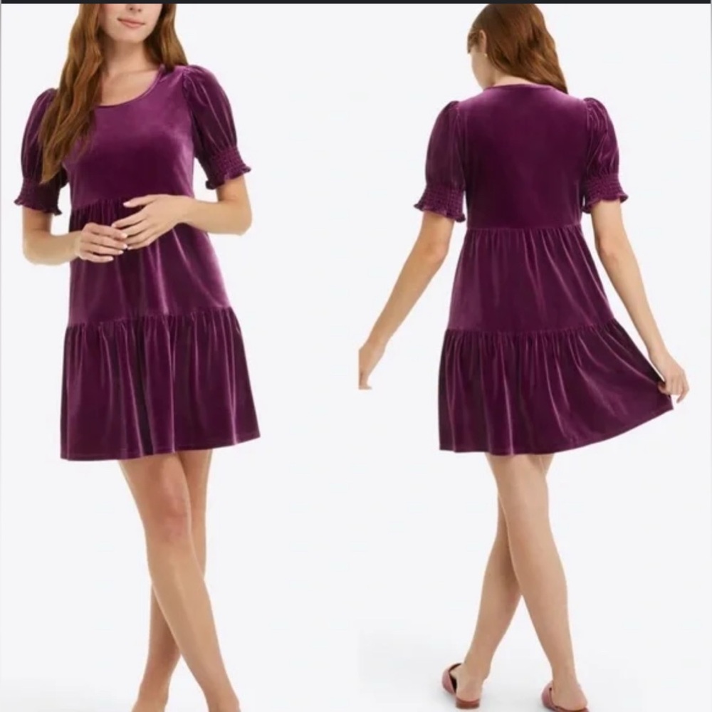 Draper James Lee Ann Plum Purple Velvet Tiered Dress with Puff Sleeves - XXL